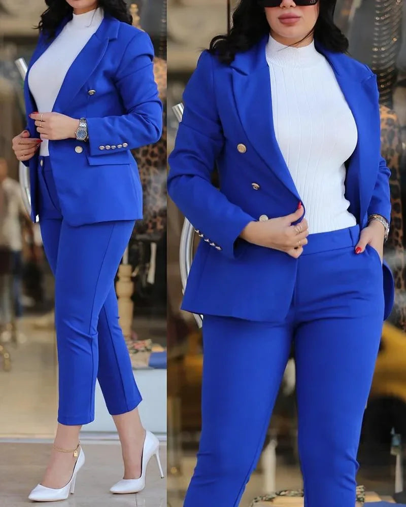 2-delige dameskledingset voor op kantoor: blazer met lange mouwen en potloodbroek met hoge taille, effen kleur