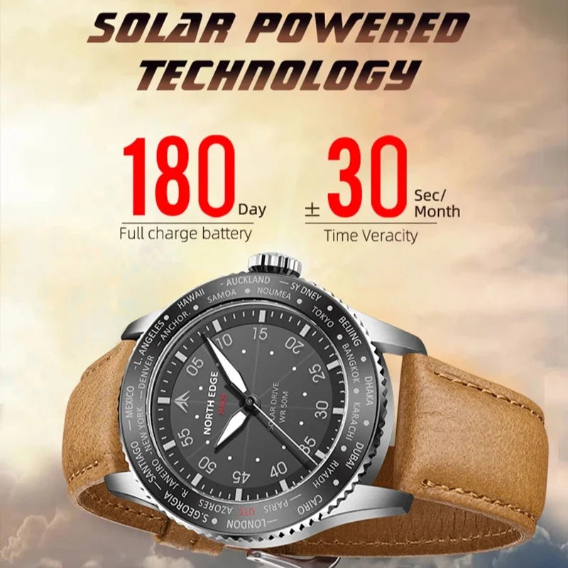 NORTH EDGE MACH Solar Power Quartz watch Men Waterproof 50M Men's Pilot Sports Wristwatches Luminous Enviormentally Clock