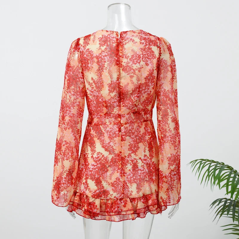 Elegant Print Low-cut Ruffle Short Dress Women V-neck Short-sleeved Waist Cinching Pleated Mini Dresses Casual Party Vestidos