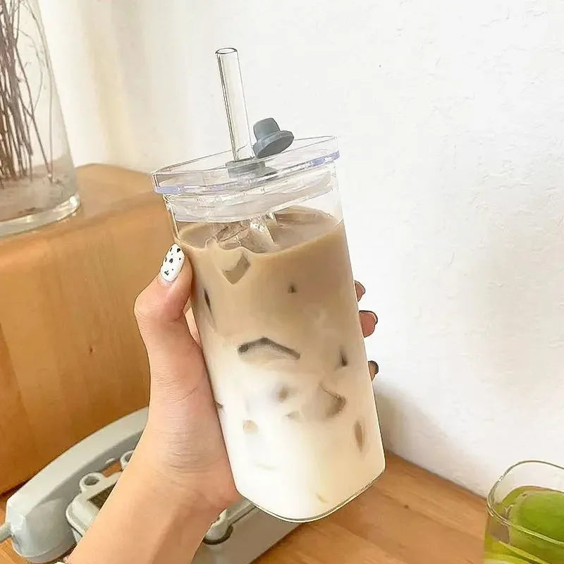 Square Heat-Resistant Glass Coffee Cup with Lid & Straw – 400ml Transparent Mug
