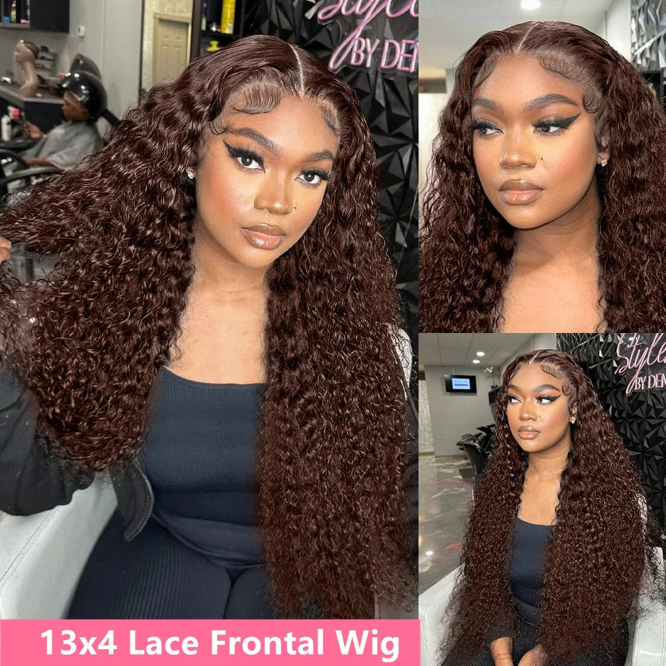 Chocolate Brown Deep Wave 13x6 Lace Front Wig Wig Human Hair Water Wave 250% Density Curly Wig Human Hair Brown Wigs Pre Plucked