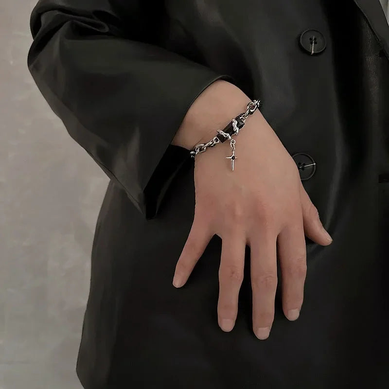 Men Bracelet 2024 Retro Black Zircon Star Chain Women Stainless Steel Punk Bracelets on Hand Unisex Jewelry Couple Accessories