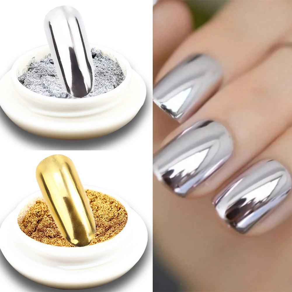 Chrome Mirror Nail Powder – Holographic Laser Silver & Gold Glitter Pigment