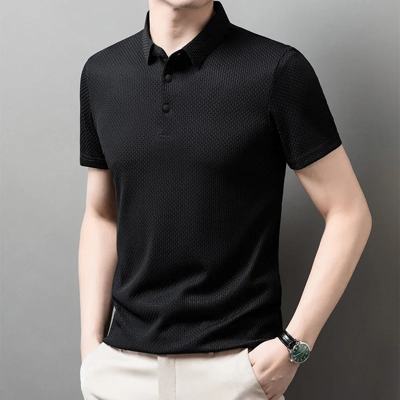Men's Bone Flower Solid Color Polo Shirt Business Casual Short Sleeve Summer Breathable Versatile Top