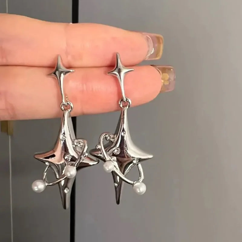 Y2K Silver Liquid Geometric Clip Earrings – Hip-Hop Punk Style