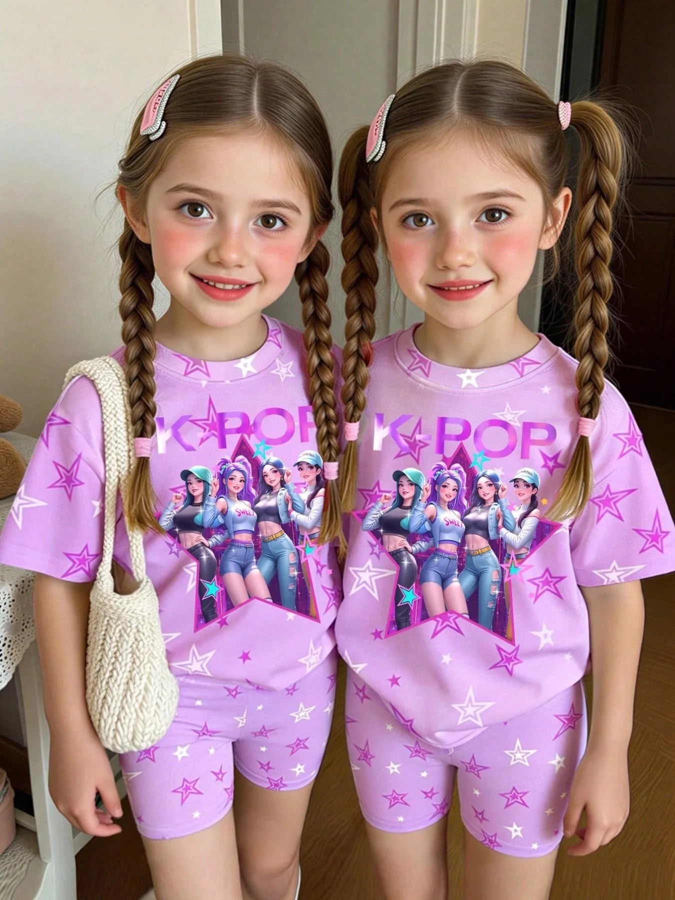 Kids Girls 2-Piece K-POP Star Print Short Sleeve T-Shirt & Biker Shorts Set Casual Streetwear Summer Daily Loungewear Outfit