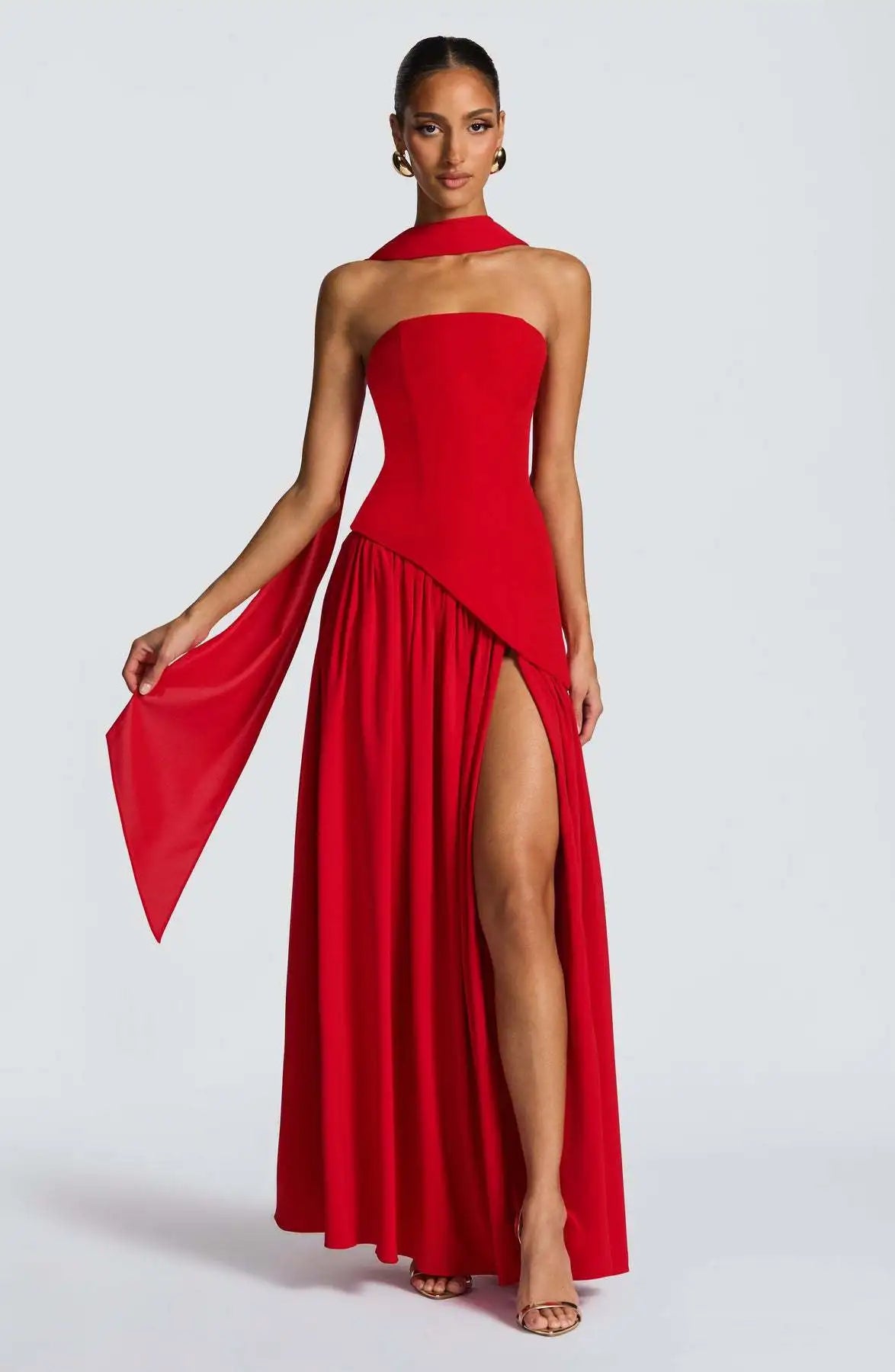 Elegant Off-shoulder Strapless Sexy Summer Party Women Gown Patchwork Pleat Scarf Neck Holiday Evening High Split Long Dresses