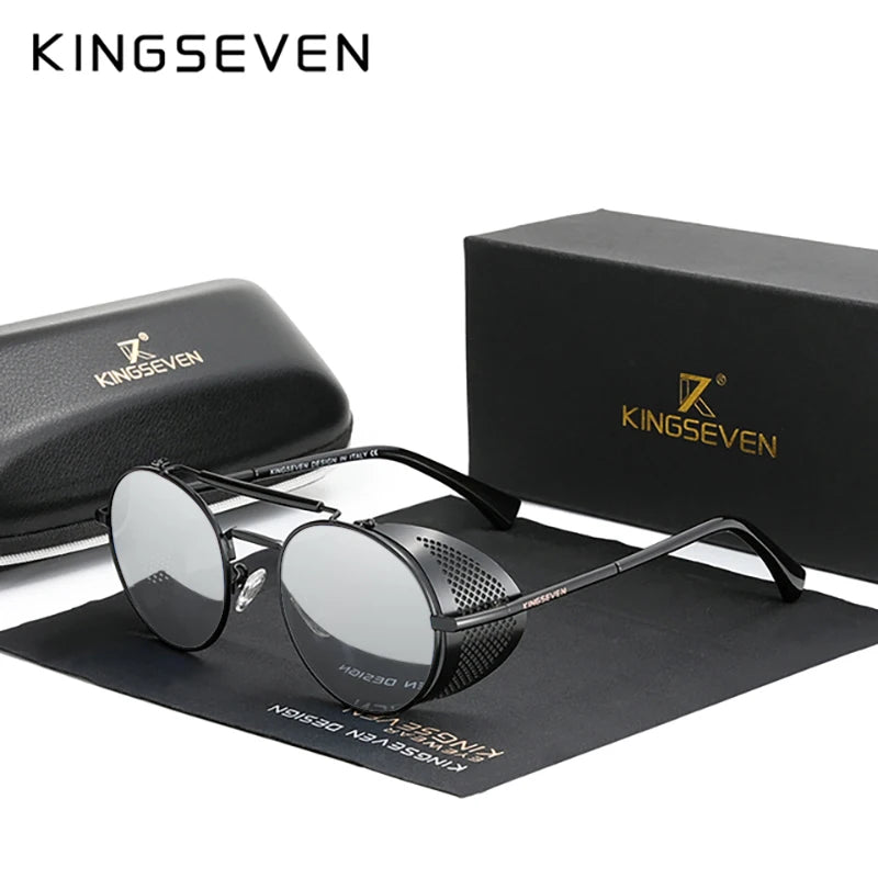 KINGSEVEN Retro Gothic Steampunk Sunglasses Polarized UV400 Men Women Fashion Vintage Eyewear Round Frame Fishing Male Glasses