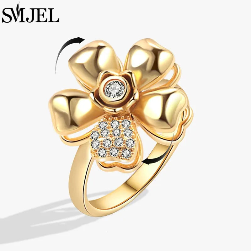 Bohemia Fidget Spinner Ring Anxiety for Women Multiple Crystal Flower Adjustable Open Rings Rotate Anti Stress Wedding Jewelry