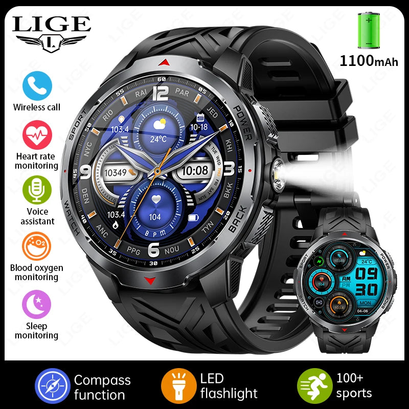LIGE 1100mAh Battery Smart Watches For Man Outdoor Sport LED Flashlight Compass Men’s Smartwatch Bluetooth Call Men 2026 Watches