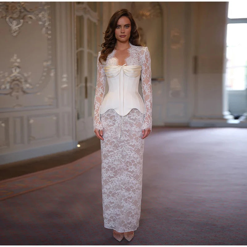 Lace Sheer Sweetheart Neck Maxi Dress Long Sleeve Corset Waist Mermaid Hem Bridal Gown 2026 Summer Elegant Form-Fitting Dresses