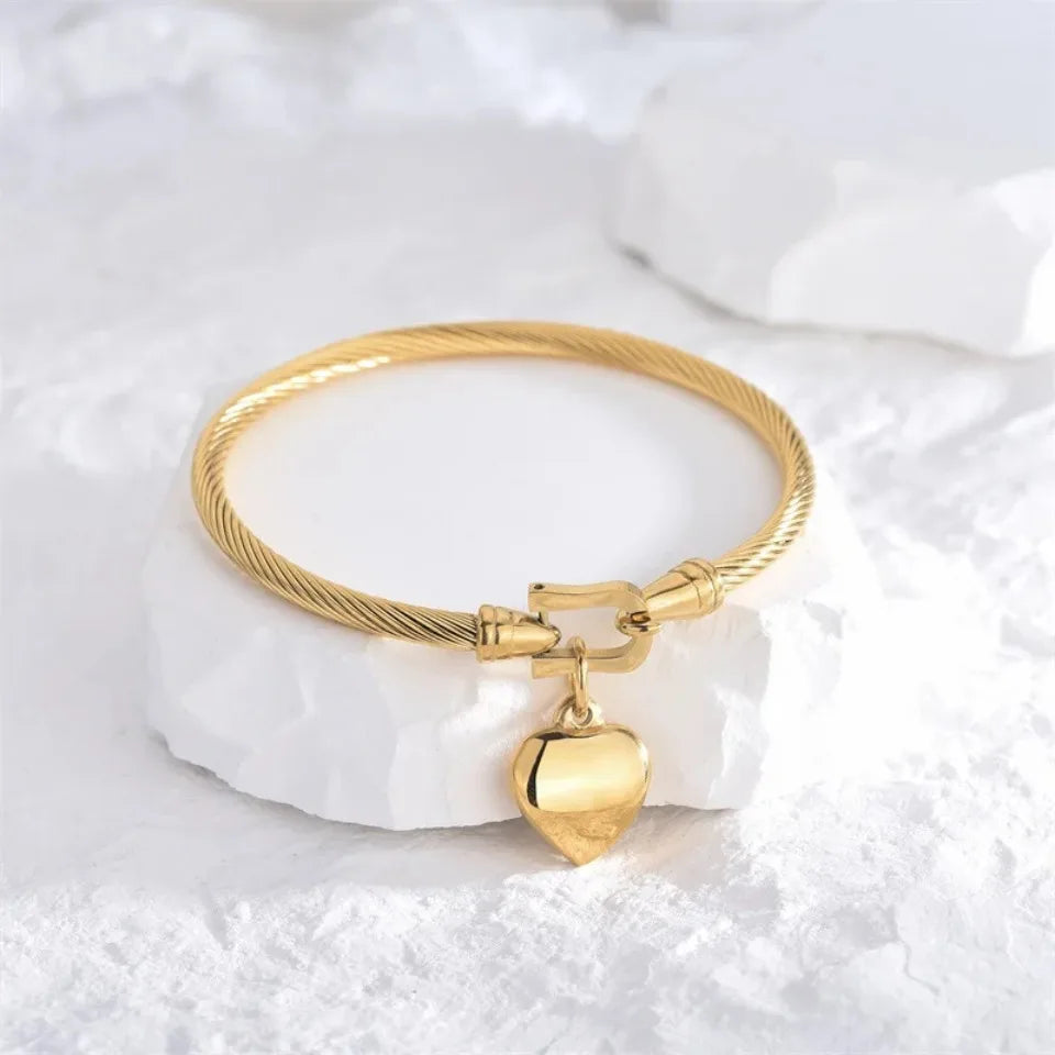 18k Gold Color Stainless Steel Heart Pendant Charm Bangle Bracelets for Men Women