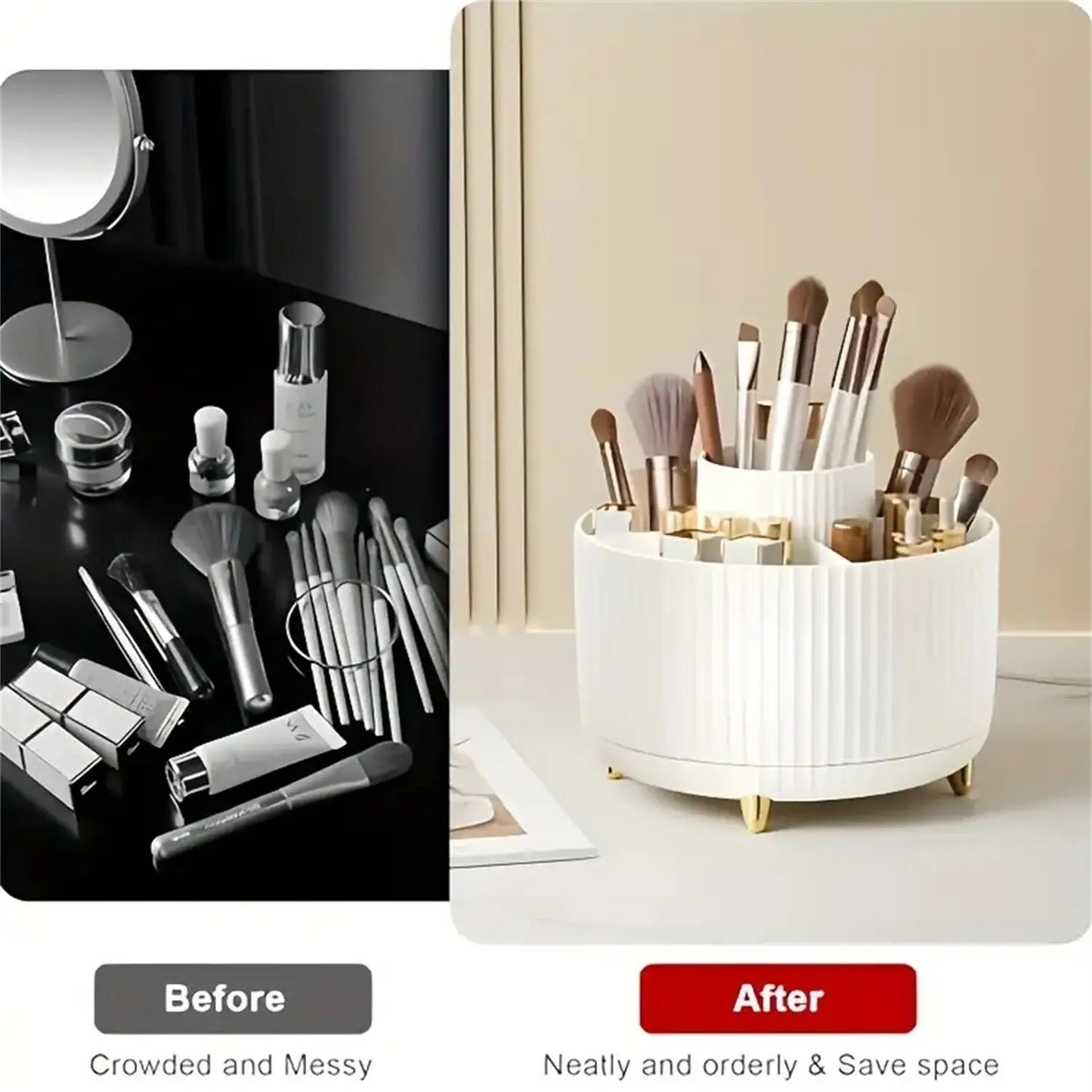 360° Rotating Makeup Organiser – 5-Compartment Cosmetic Storage for Brushes