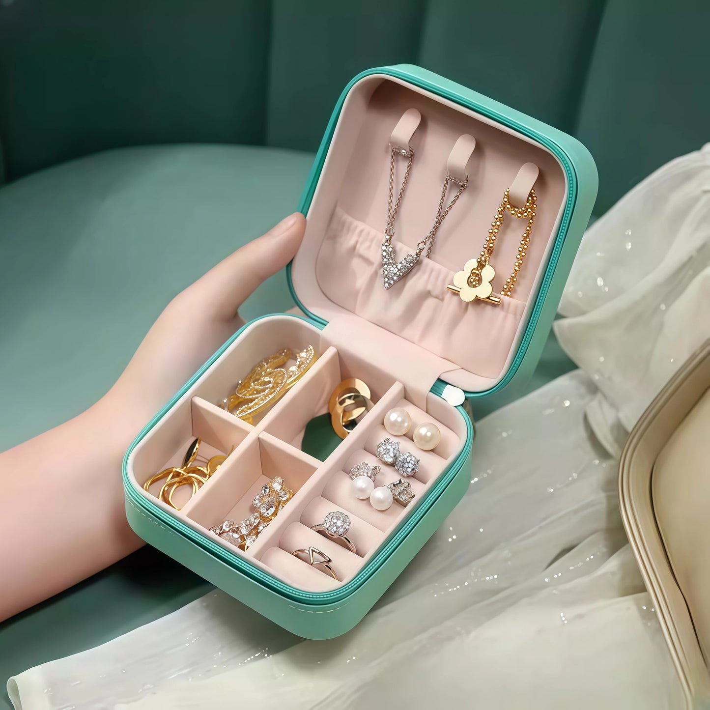 Simple And Portable Palm Jewelry Box, Ring And Earring Storage Box, Zipper Flip Cover, Travel Accessory Box, Pearl Box