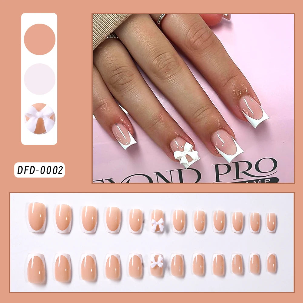 24Pcs White French Press On Nails 3D Bow Design Full Cover Wearable False Nails Short Square Head Ballet Fake Nails 2030