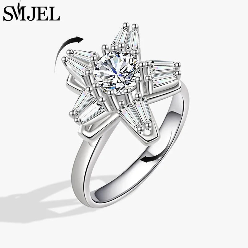 Bohemia Fidget Spinner Ring Anxiety for Women Multiple Crystal Flower Adjustable Open Rings Rotate Anti Stress Wedding Jewelry