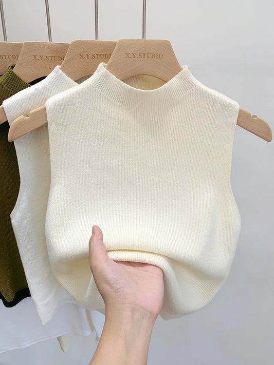 Women's Slim Knitted Sleeveless Tank Top Sweater – Short Summer/Autumn Solid Pullover