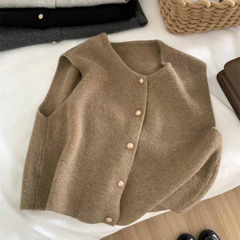 Dames Trui Vest Goudkleurige Knopen Gilet Zacht Gebreid Mouwloos Vest Jasje Top Herfst Winter Koreaanse Dames Chique Outfit