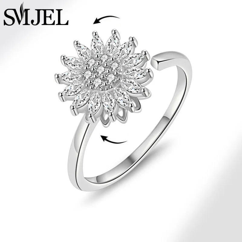 Bohemia Fidget Spinner Ring Anxiety for Women Multiple Crystal Flower Adjustable Open Rings Rotate Anti Stress Wedding Jewelry