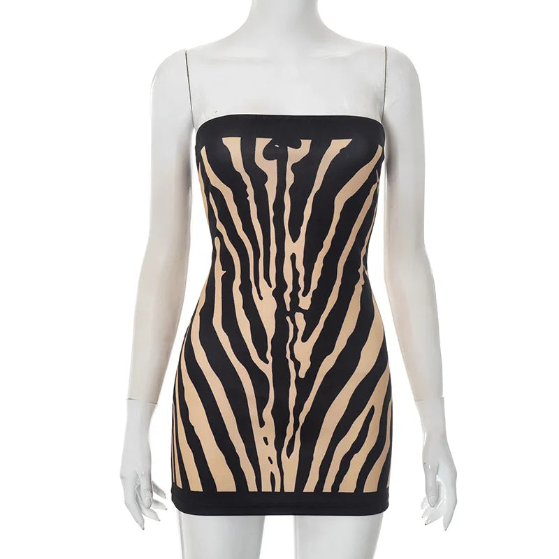 Zebra Striped Strapless Backless Women Mini A Line Dress Outfits Autumn Winter Off Shoulder Sleeveless Bodycon Dresses Vestido