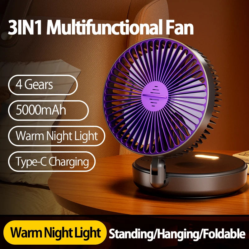 Rechargeable 3-in-1 Portable Fan with Night Light — Wall Mount, 90° Fold, 4 Speeds