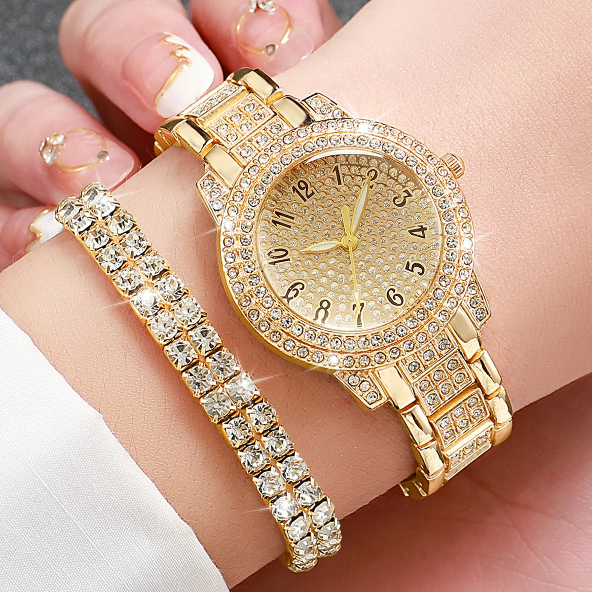 6-Piece Diamond Women's Watch & Jewelry Set – Gold Steel Quartz Gift Set
