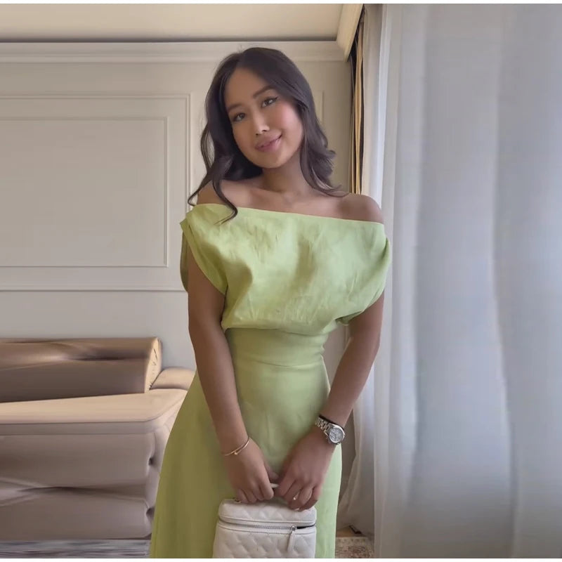 Elegant One Shoulder Solid Dress Women's Waist-cinching Side Split Ankle-length Dresses 2026 Summer New Lady Casual Cozy Robes