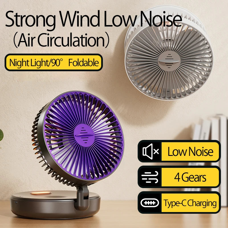 Rechargeable 3-in-1 Portable Fan with Night Light — Wall Mount, 90° Fold, 4 Speeds