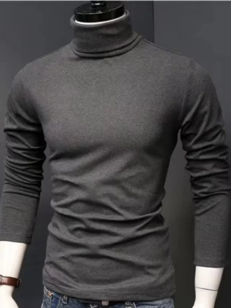 Fashion Men's Oversize High Collar Long Sleeves Autumn Winter Pure Thermal Shirt for Men Layering Stylish T-Shirt