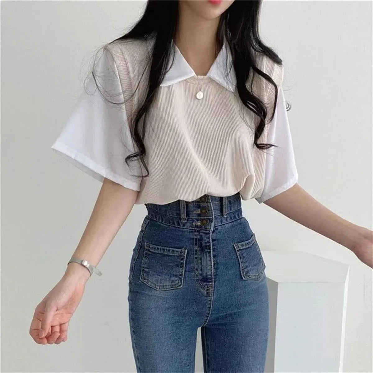 Women's Korean Style Polo Collar Blouse – Y2K False Two-Piece Loose Streetwear Top
