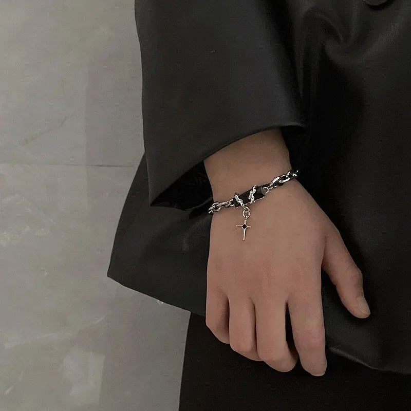 Men Bracelet 2024 Retro Black Zircon Star Chain Women Stainless Steel Punk Bracelets on Hand Unisex Jewelry Couple Accessories