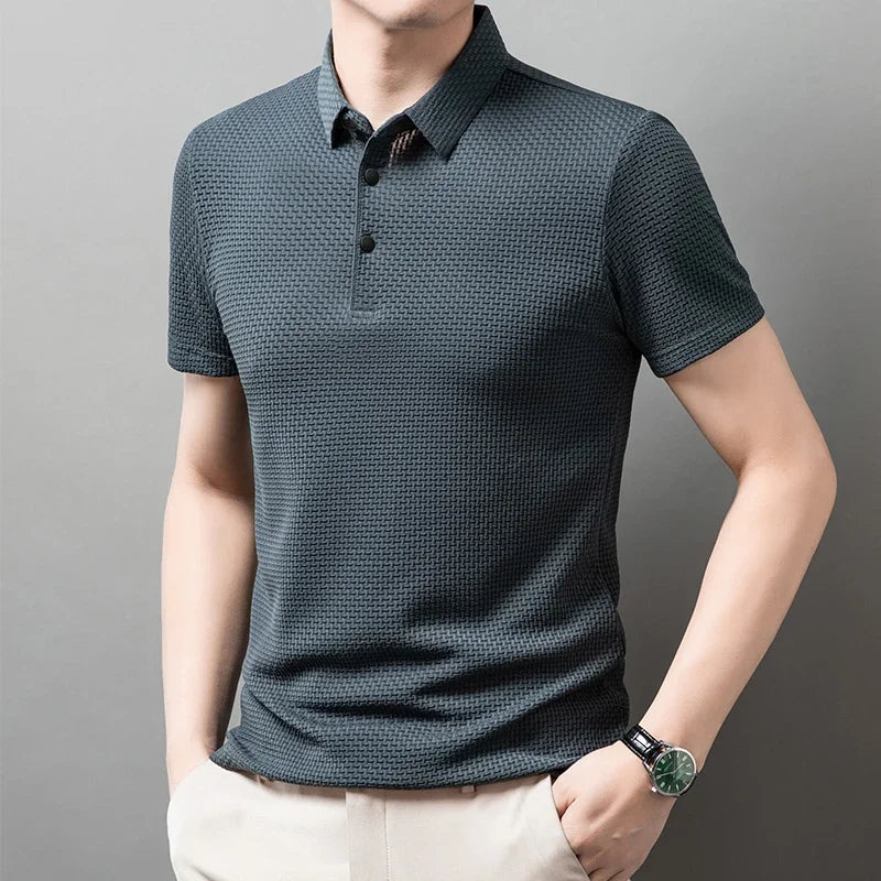 Men's Bone Flower Solid Color Polo Shirt Business Casual Short Sleeve Summer Breathable Versatile Top