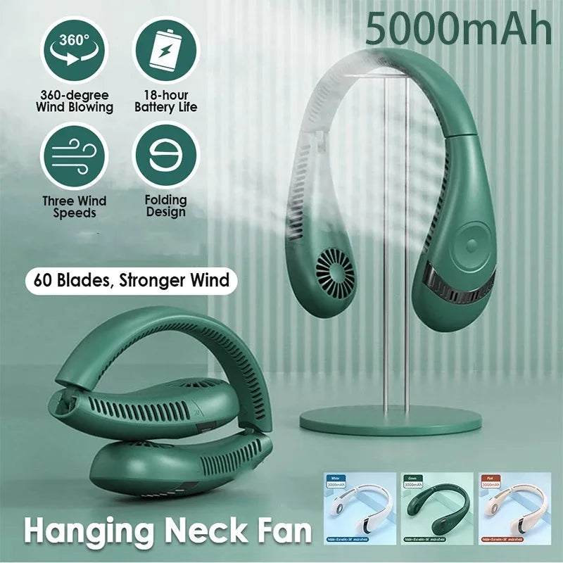5000mAh Bladeless Neck Fan – USB Rechargeable Foldable Wearable Cooling Fan