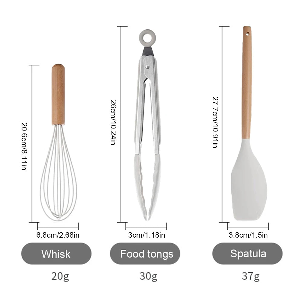 12Pcs Kitchen Utensil Set Cooking Tools Kit Wooden Handle Non-Stick Spatula Set Spatula Spoon Brush Whisk Kitchen Supplies