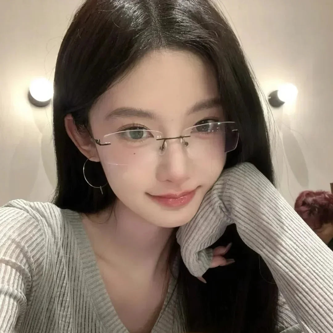 Square Rimless Eyeglasses Women Men Blue Light Blocking Glasses Designer Retro Shade Eyewear UV400 Silver Computer Glasses