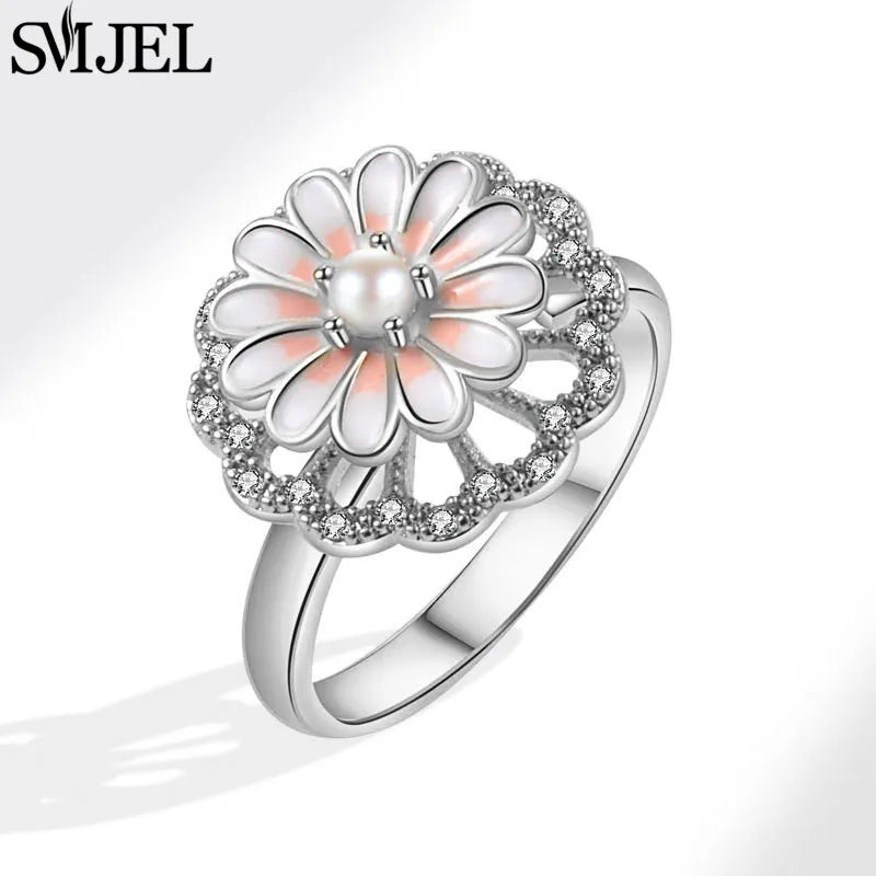 Bohemia Fidget Spinner Ring Anxiety for Women Multiple Crystal Flower Adjustable Open Rings Rotate Anti Stress Wedding Jewelry
