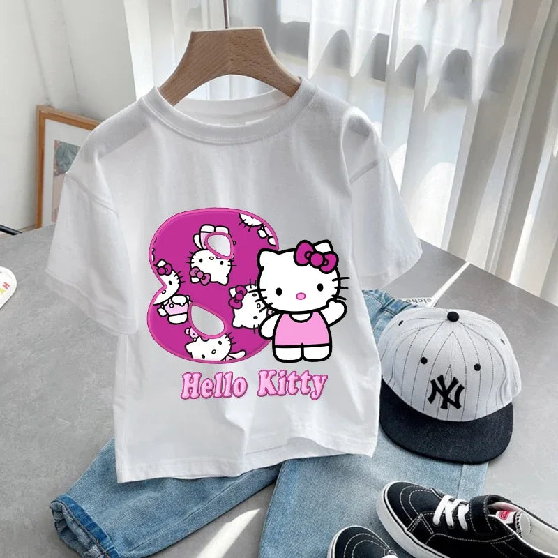 Hello Kitty Children Birthday Number 1-9 T-shirt Party Supply Gift Sanrio Cartoon Clothes Baby Tops Summer Short Sleeve T-shirts