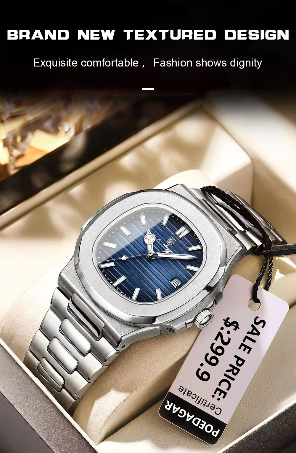 POEDAGAR Luxury Square Men Wristwatch Waterproof Luminous Date Stainless Steel Sports Male Clock Business Quartz Watches For Men