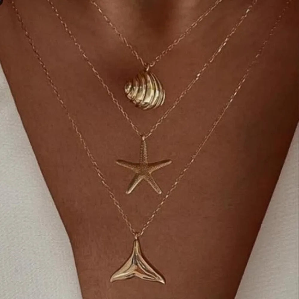 2-Piece Boho Gold Shell & Starfish Layered Necklace Set – Pearl Chain Women's Jewellery