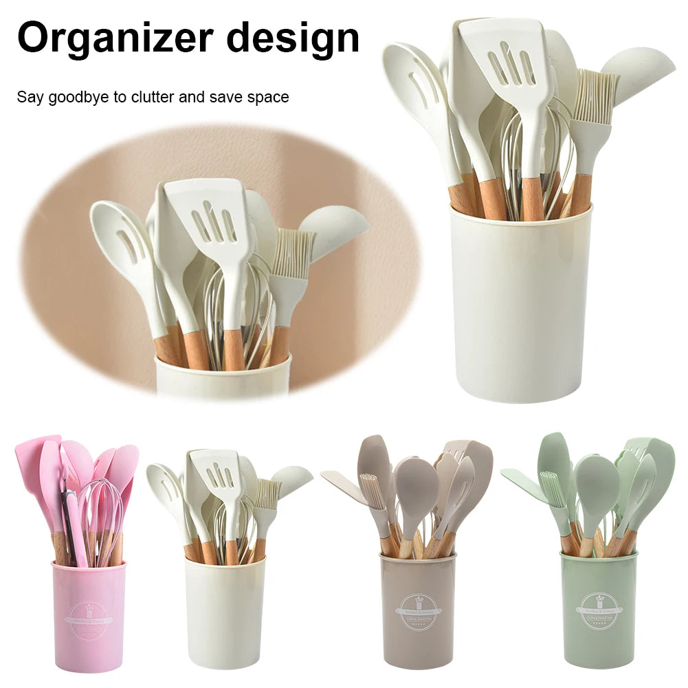 12Pcs Kitchen Utensil Set Cooking Tools Kit Wooden Handle Non-Stick Spatula Set Spatula Spoon Brush Whisk Kitchen Supplies