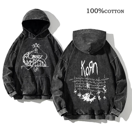 Rock Band Vintage Washed Hoodie – Men's Cotton Hip Hop Streetwear Pullover Y2K Top