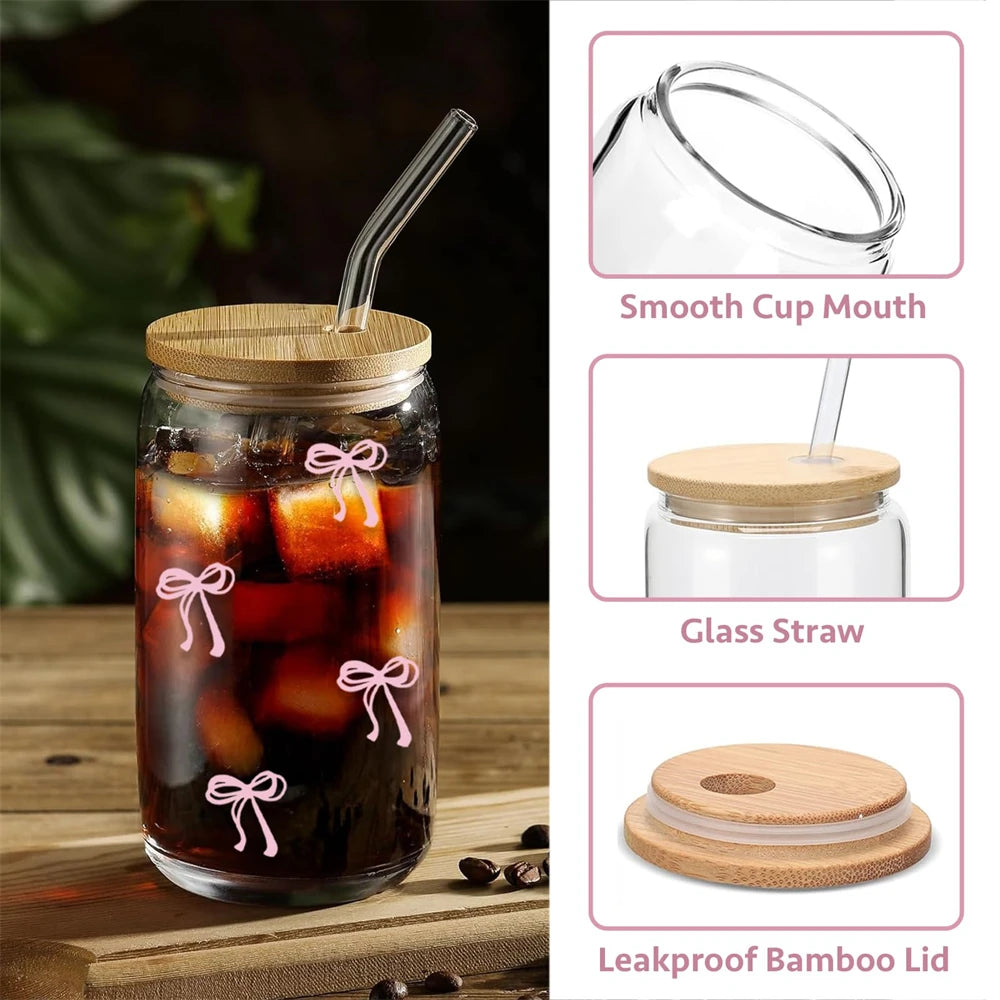 Pink Bow Glass Tumbler with Lid & Straw – 500ml Aesthetic Iced Drink Cup