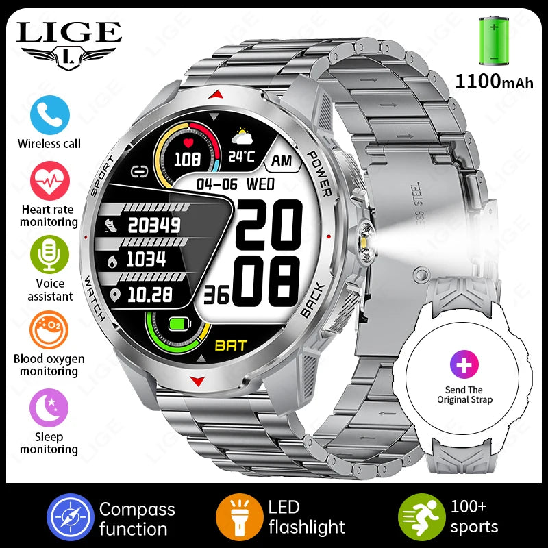 LIGE 1100mAh Battery Smart Watches For Man Outdoor Sport LED Flashlight Compass Men’s Smartwatch Bluetooth Call Men 2026 Watches