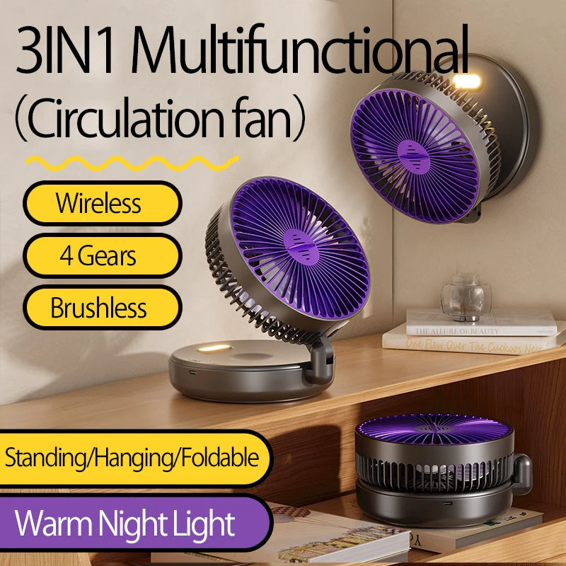 Rechargeable 3-in-1 Portable Fan with Night Light — Wall Mount, 90° Fold, 4 Speeds