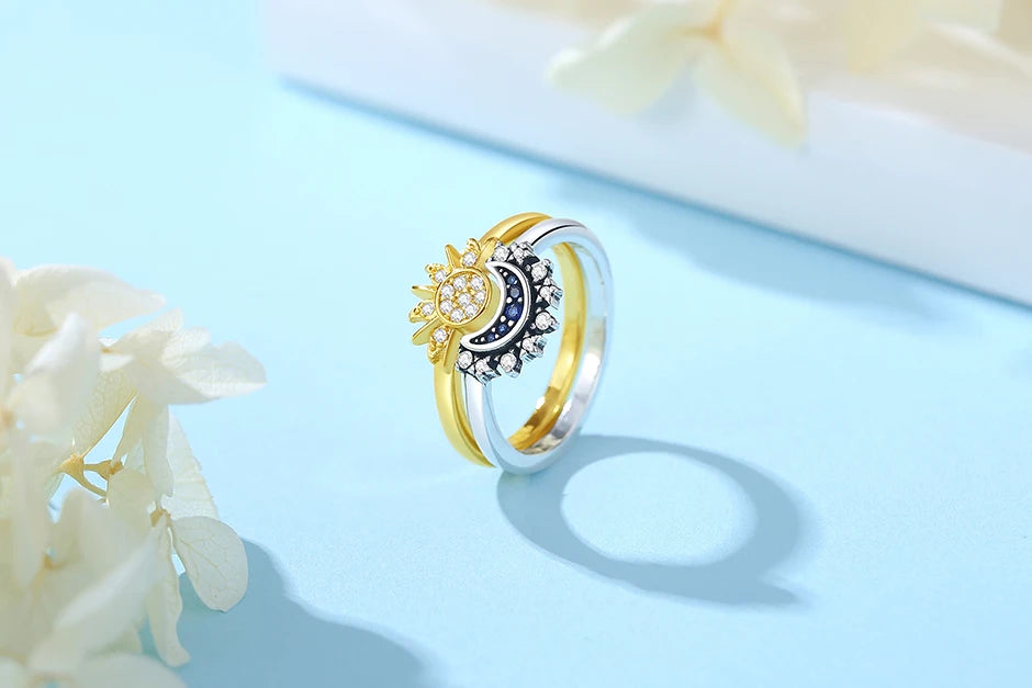 Original 925 Sterling Silver Rings Sun Moon Star Pave CZ Gold Color Stackable Ring For Women Engagement Gift Jewelry