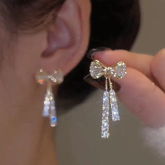 Shiny Bow Rhinestone Stud Earrings – Gold Colour Dainty Dangle Earrings for Women