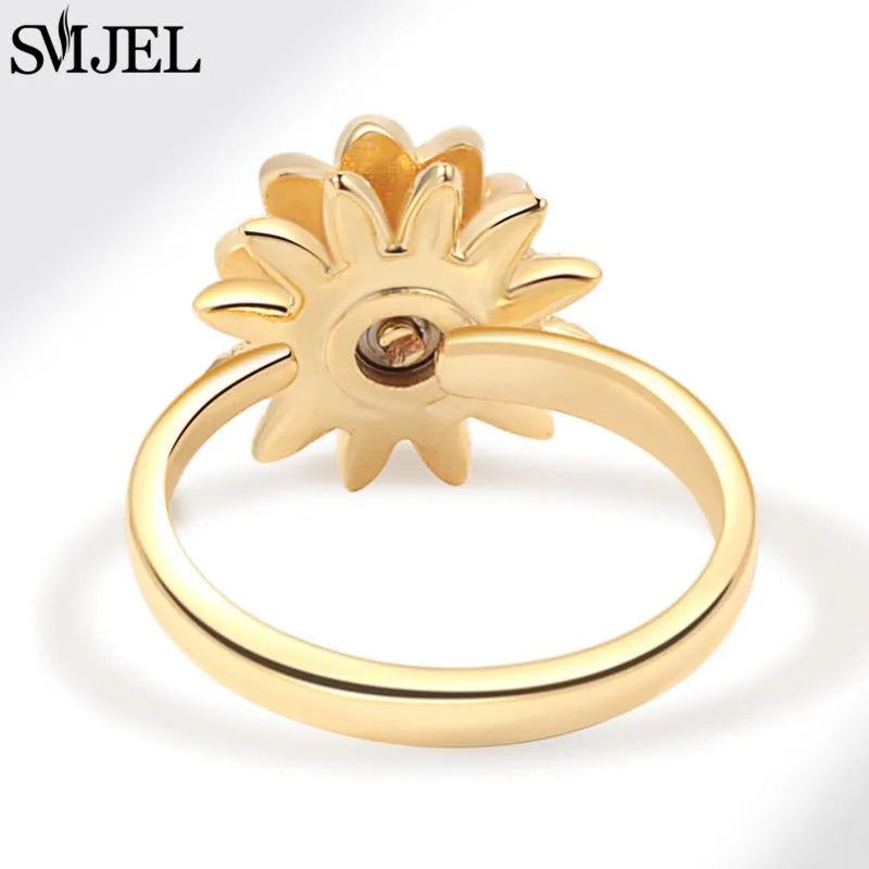 Bohemia Fidget Spinner Ring Anxiety for Women Multiple Crystal Flower Adjustable Open Rings Rotate Anti Stress Wedding Jewelry
