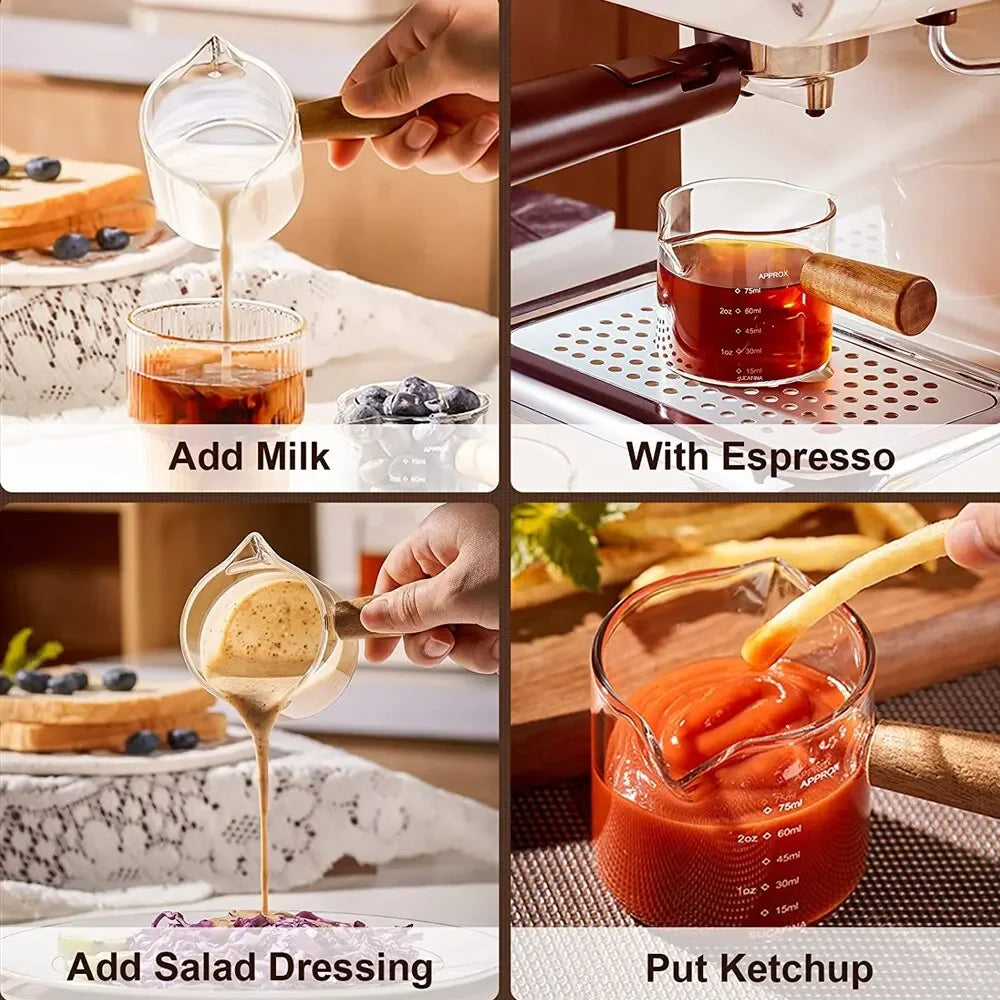 Glass Espresso Measuring Cup with Wooden Handle – Single & Double Shot Jug