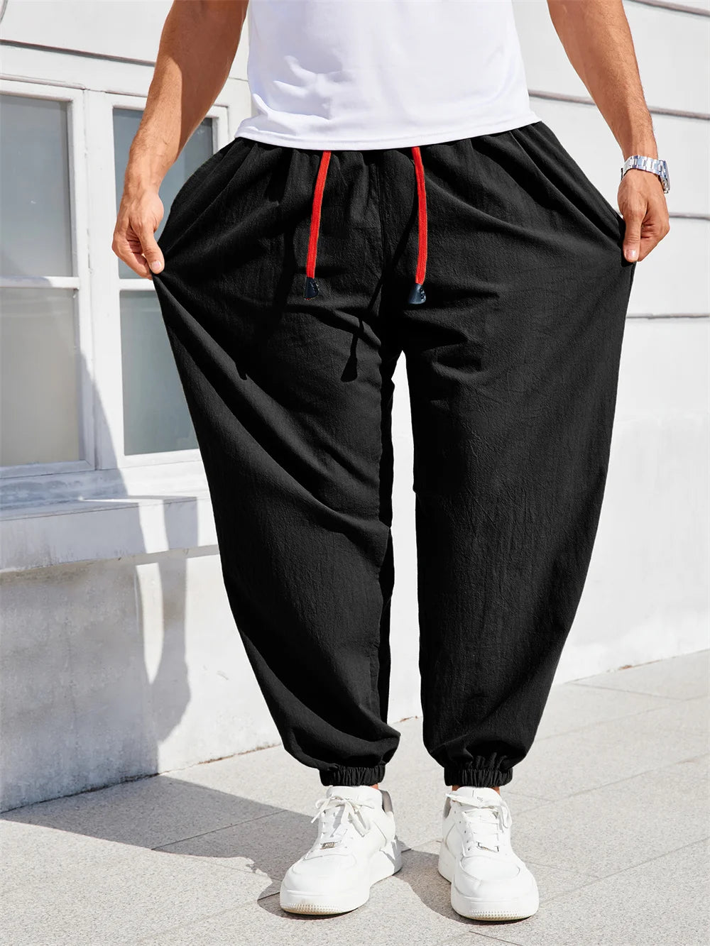 Men's Harem Pants Loose Fit Chinese Style Cotton Linen Solid Color Cozy Sweatpants Joggers High Quality Male Casual Trousers