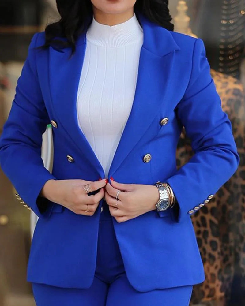 2-delige dameskledingset voor op kantoor: blazer met lange mouwen en potloodbroek met hoge taille, effen kleur